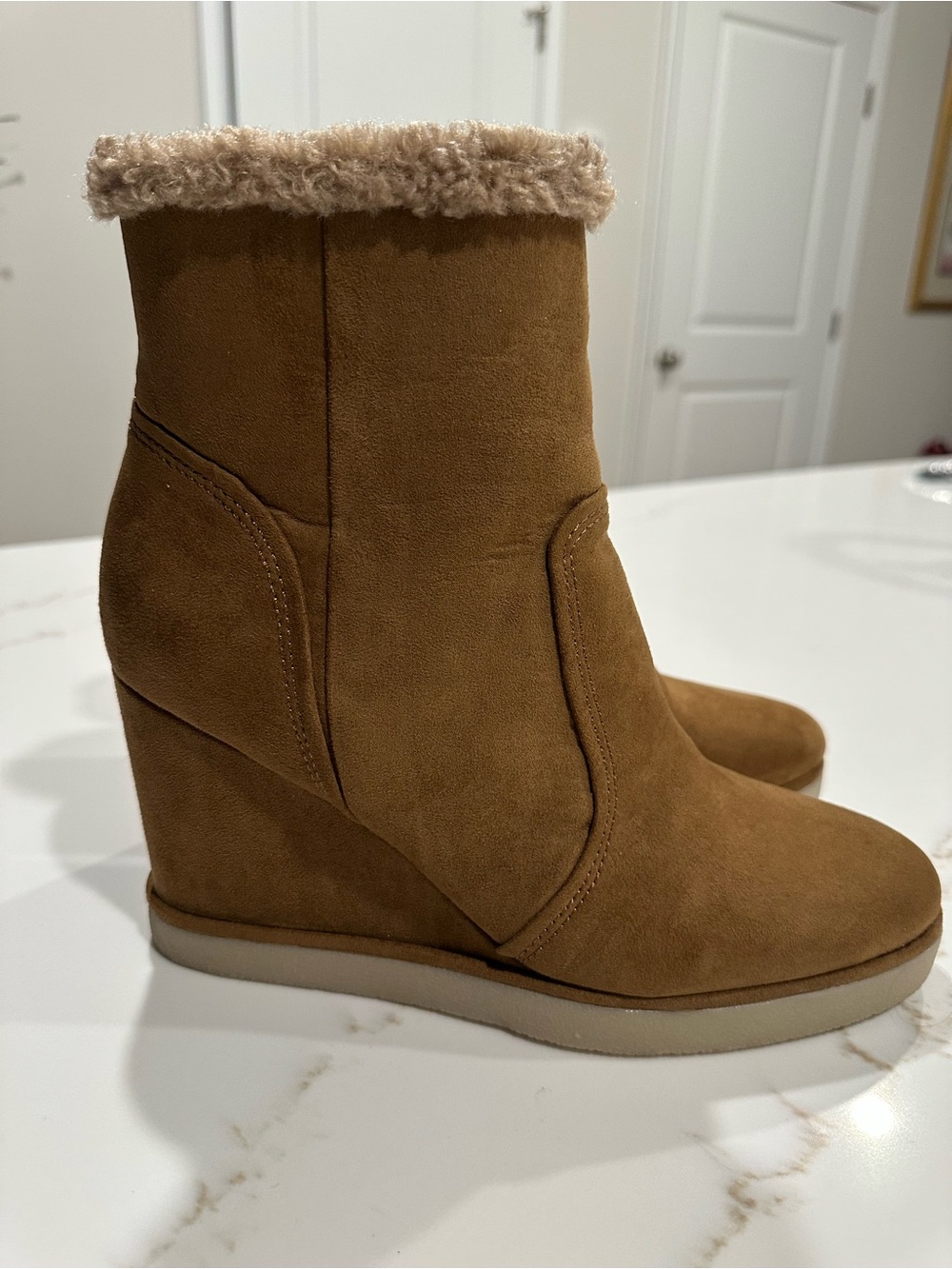 Steven NY Marbella Tan, Wedge, Ankle Boots with Faux Fur lining/trim